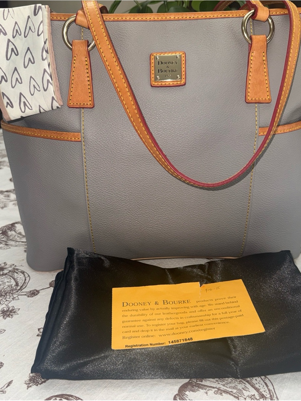 Dooney & Bourke Gray Tote with Tan Trim.  EUC.  Dust Bag/Scarf